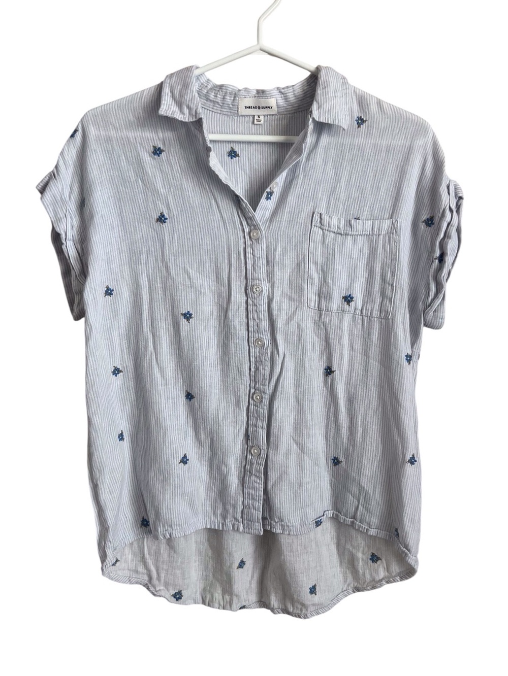 Thread and Supply Camp Button Down Shirt Blue Stripe Embroidered Floral Small